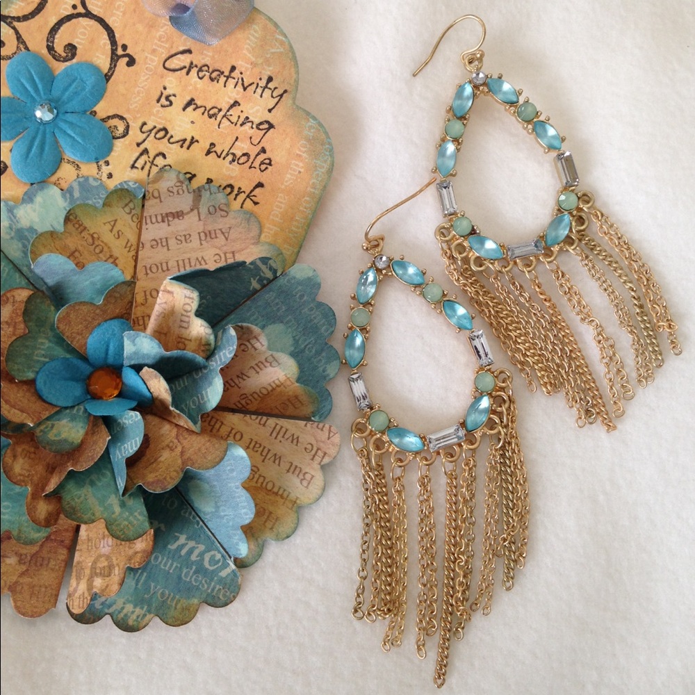 NEW Dangling Chains Earrings Turquoise Dazzling Jeweled Blue Crystals Goldtone - Picture 9 of 10